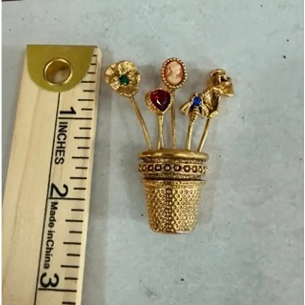 Vintage Gold Tone Flower Pot Brooch Jeweled Floral Bouquet Cameo Rhinestone